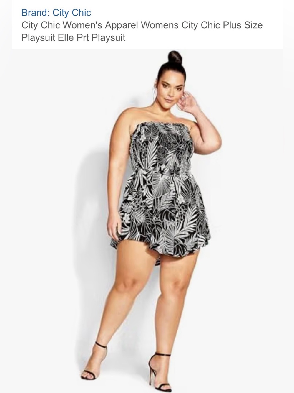 City Chic Black & White Leaf-Print Strapless Romper- Plus Size